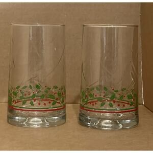 Vintage Holly Berry Christmas Drinking Glass 1984 Arby's Restaurant Gold Rim x 2